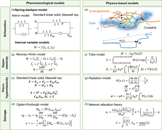 Constitutive models of OMIEC polymers. (a–d) Phenomenological and (e–h) physics-based constitutive models for OMIECs. Schematics of spring-dashpot models (a) and a tube model (e). Representative models for hyper-elasticity (b, f), visco-elasticity (c, g), and damage (d, h).