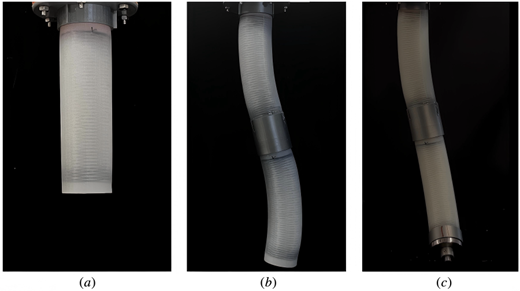 Soft robotic arm schematic diagram: (a) three-chamber actuator module, (b) segmented actuators are assembled into a soft robotic arm, and (c) soft robotic arm carrying a 100 g load